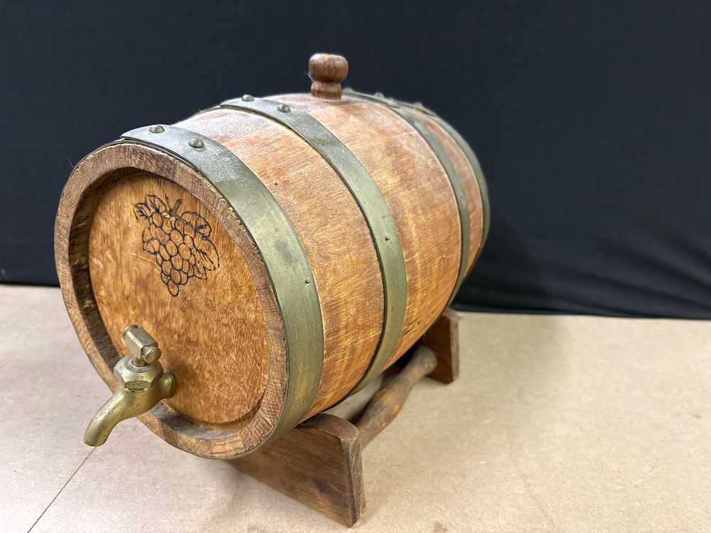 Lot 270: Vintage Wood and Brass Banding Wine Cask with Brass Tap