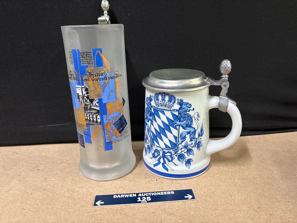 Lot 287: Two German Beer Steins in Glass and Ceramic