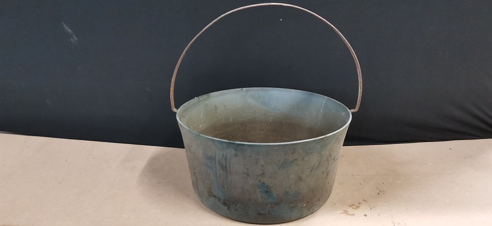 Lot 328: Large Weathered Metal Jam Pot with Fixed Bail Handle. COLLECTION ONLY