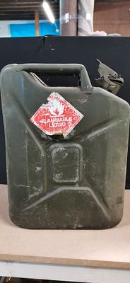 British Military 20L Jerry Can by Bellino dated 1993. An olive drab metal jerry can featuring a 