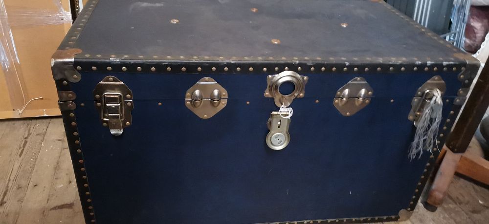 Lot 347: Large Navy Blue Steamer Trunk with Metal Hardware. COLLECTION ONLY