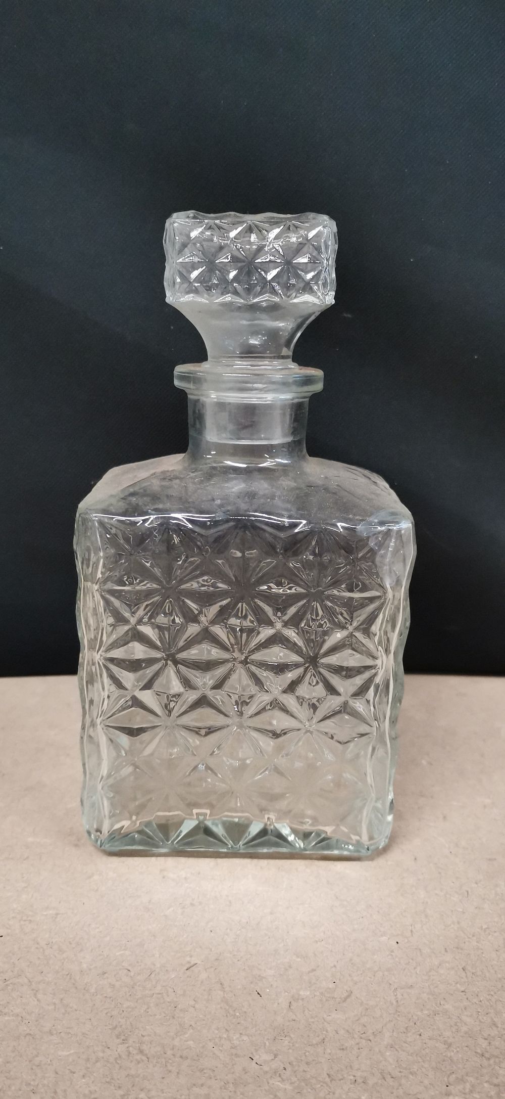 Lot 204: Clear Glass Starburst Pattern Square Liquor Decanter