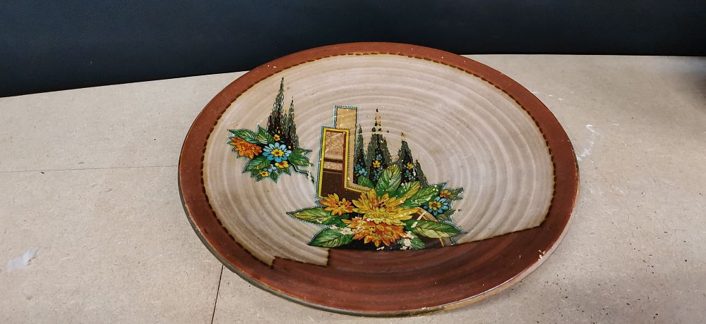 Lot 208: Large Decorative Ceramic Bowl with Floral and Landscape Design