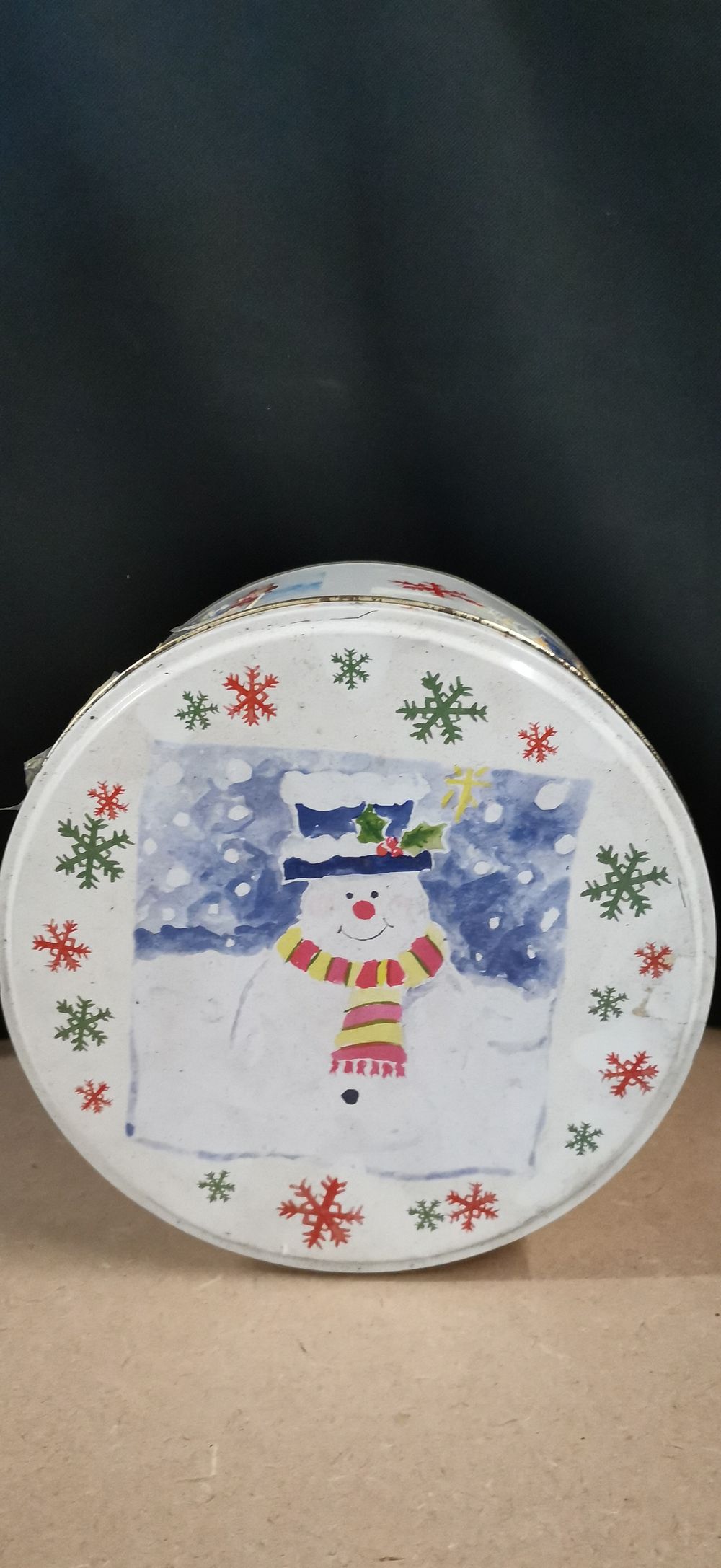 Lot 266: Circular Christmas themed snowman and robin storage tin