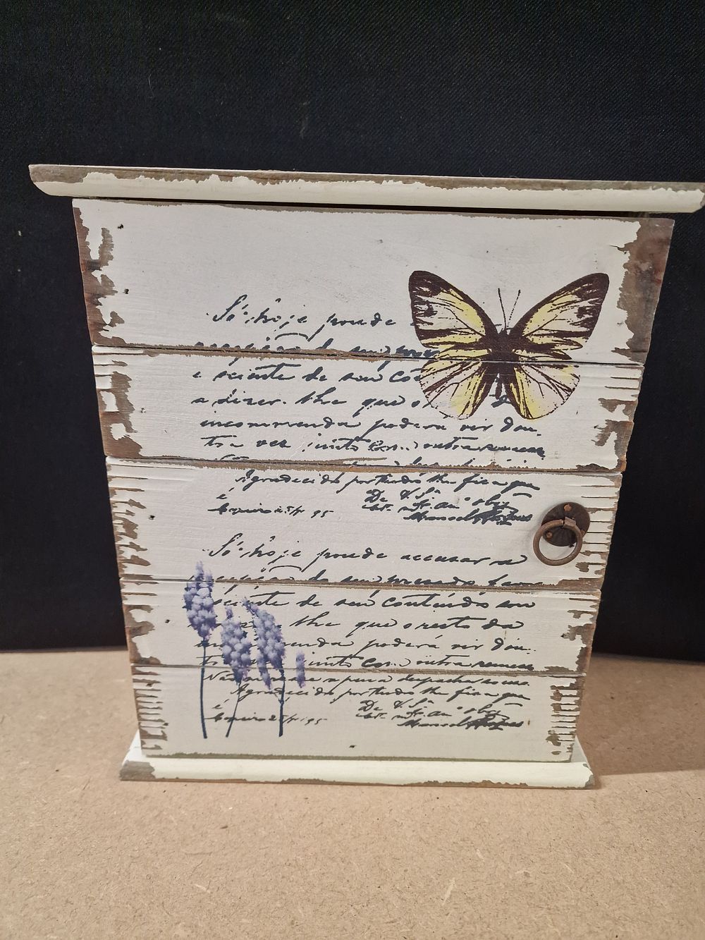 Lot 297: Distressed White Wooden Butterfly Motif Wall Mounted Key Box