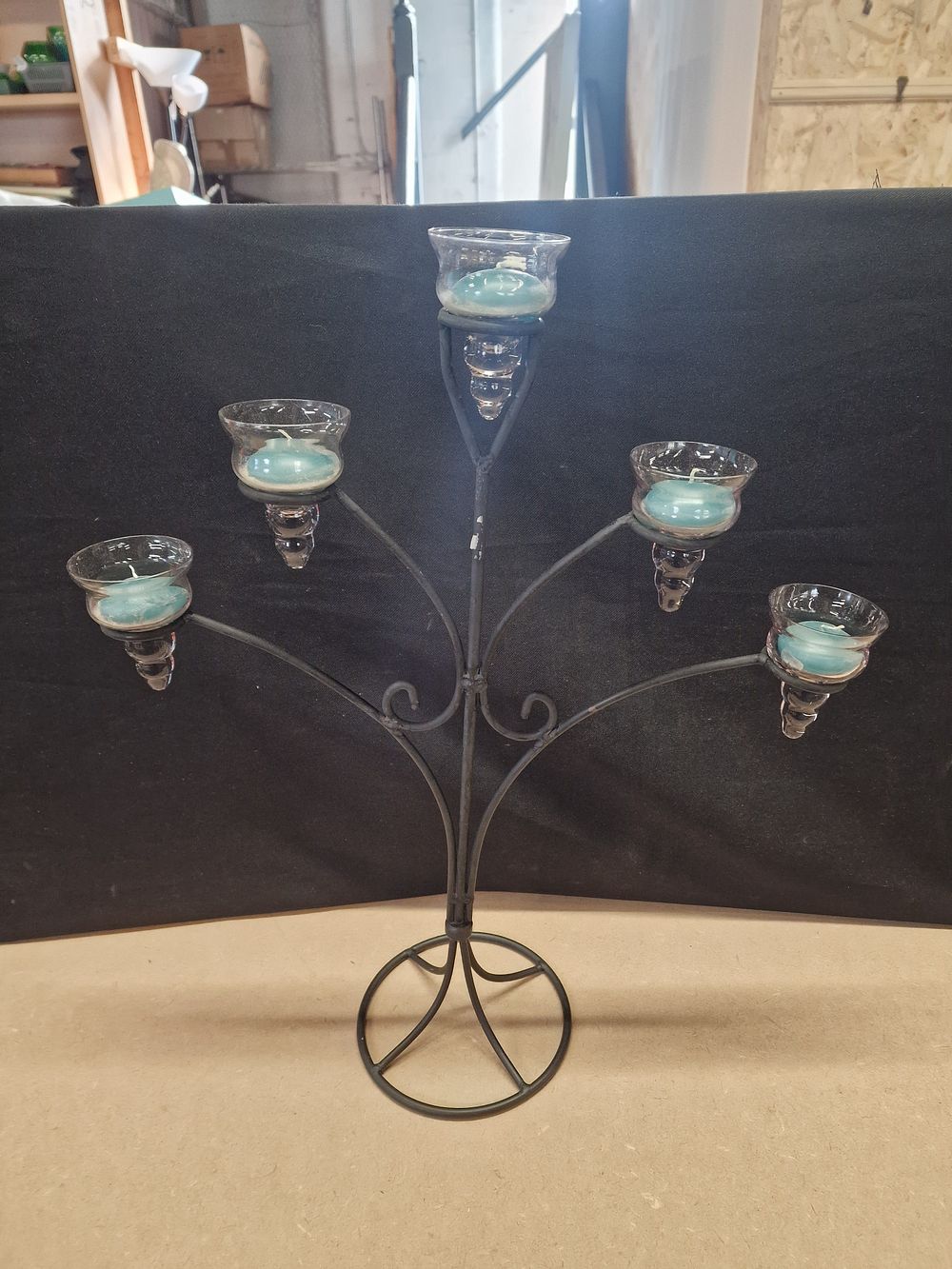Lot 329: Black Metal Tree Style Candelabra with Glass Votive Holders