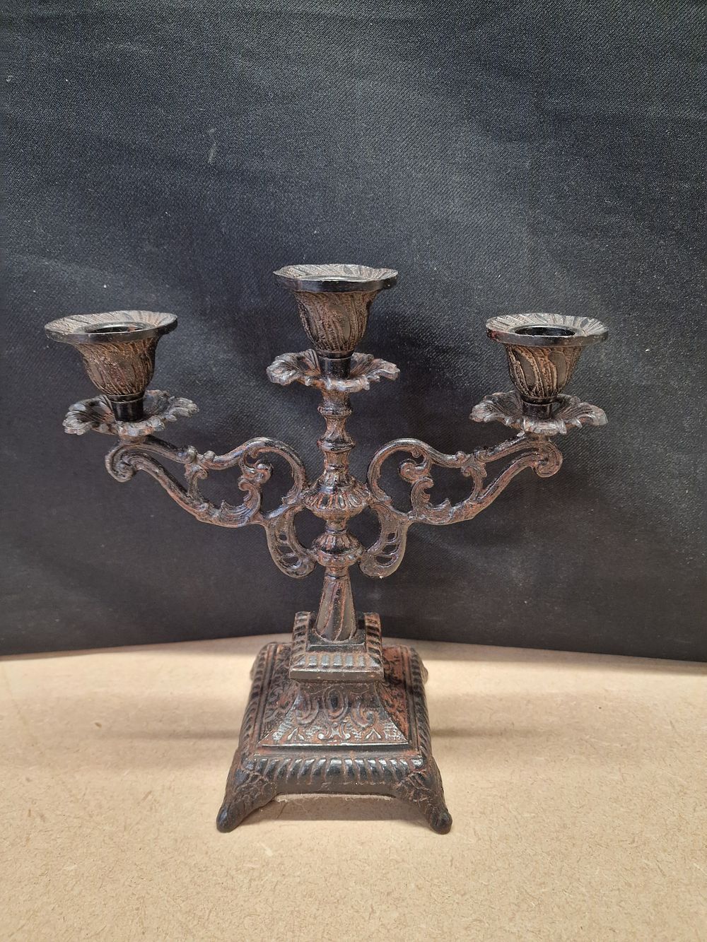 Lot 330: Ornate Three Light Cast Metal Candelabra