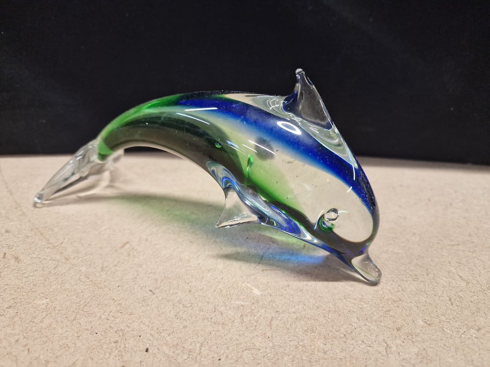 Lot 337: Blue and Green Swirl Art Glass Dolphin Figurine