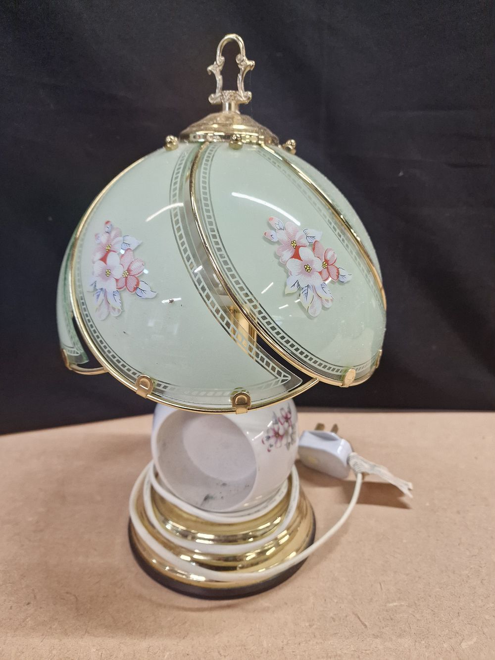 Lot 357: Mint Green and Gold Floral Glass Panel Touch Table Lamp