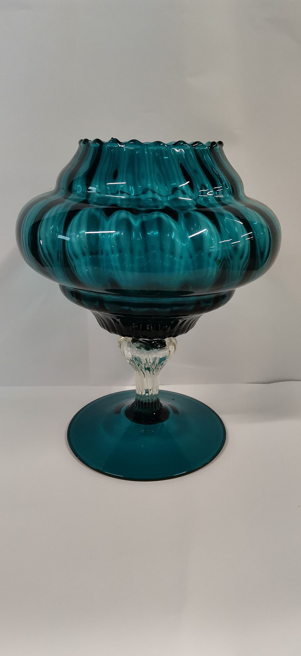 Lot 341: Teal Ribbed Art Glass Pedestal Bowl