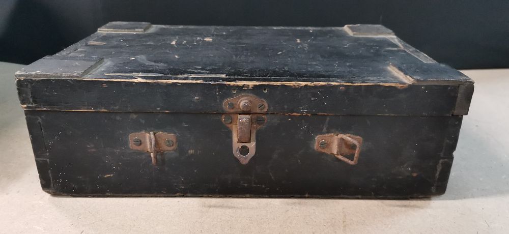 Lot 364: Black Painted Wooden Storage Chest with Inscriptions