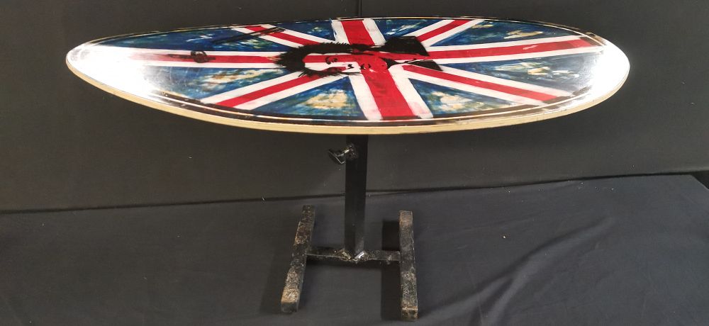 Lot 159: Sid Vicious Union Jack Oval Table on Adjustable Metal Stand