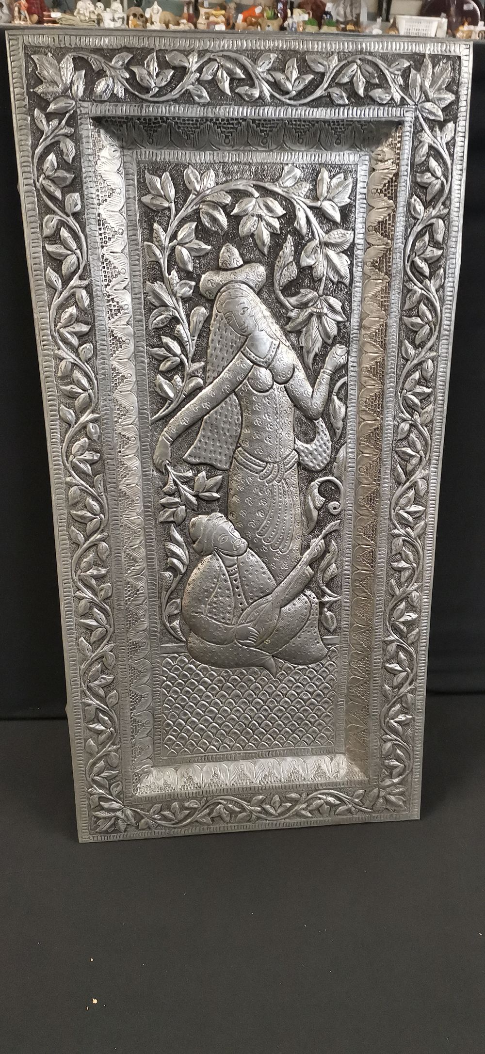 Lot 338: Rectangular Silver Toned Metal Plaque with Repousse Decoration