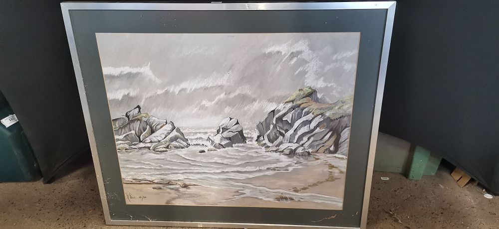 Lot 286: Framed Coastal Landscape Drawing Signed R Ball