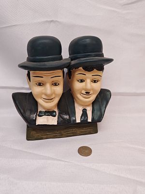 Laurel and Hardy Double Bust Figurine, Hand-Painted Composite, Circa 1970-1990. A vintage double 