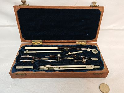 Late 19th Century Cased Mathematical Drafting Instrument Set with Bone-Handled Ruling Pen. A 