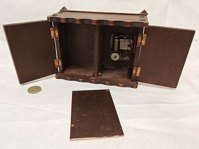 Vintage Swiss-Style Miniature Wooden Music Box Cabinet, The Merry Widow, c. 1950s. A charming 