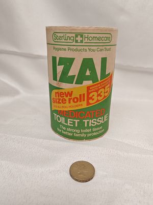 Sterling Homecare Izal Medicated Toilet Tissue Roll in Original Wrapper, c. 1970s. A vintage 