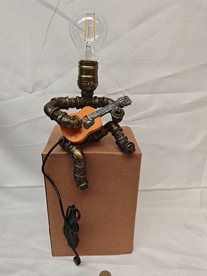 GWO Steampunk Style Pipe-Man Table Lamp with Miniature Guitar, Circa 2020. USB Powered. A 