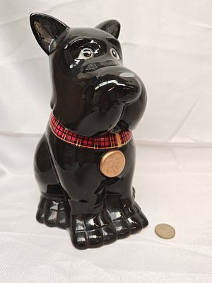 Ceramic Scottie Dog Cookie Jar, Tartan Collar Detail, c. 1990-2000. A large, stylized ceramic 
