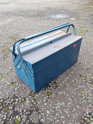 Cantilever Toolbox. An unmarked industrial-style cantilever tool chest manufactured from painted 