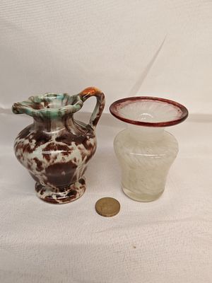Miniature Ceramic Ewer and Art Glass Vase, Mid-Century Modern, Mottled Glaze and Latticinio Detail. 