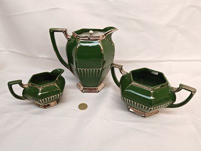 Martin Hanley, Three-Piece Ceramic Tea Service, Victorian, Forest Green and Silver Lustre. Produc 