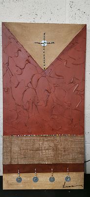 Tall Rectangular Mixed Media Artwork with Beadwork and Burlap. A tall rectangular mixed-media 