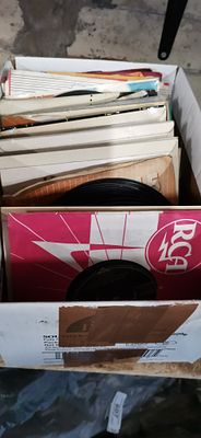A Collection of 45 RPM Vinyl Records. A collection of black 45 RPM vinyl records housed in 