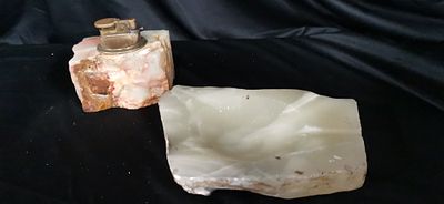 A Pair of Vintage Onyx Table Lighter and Ashtray. A pair of items comprising a table lighter and 