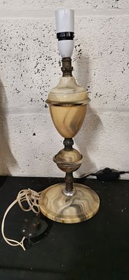 Alabaster Style Marbled Table Lamp Base with Brass Accents. An alabaster-style table lamp base 