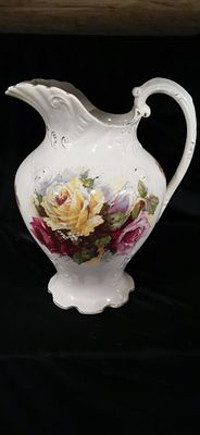 Buffalo Pottery Cairo Rose Pattern Large Wash Pitcher. A large white ceramic wash pitcher 