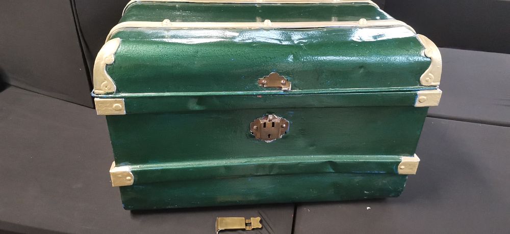 Lot 333: Vintage Green Metal Steamer Trunk with Gold Trim