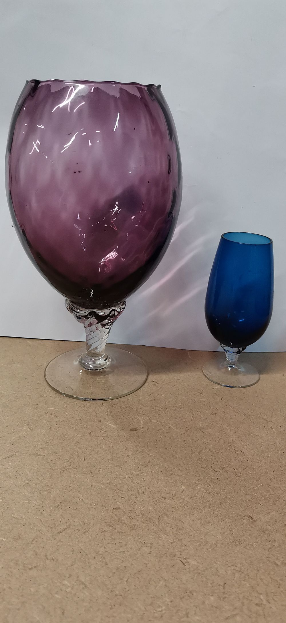 Lot 361: Two Glass Vessels in Purple and Blue with Twisted Stems