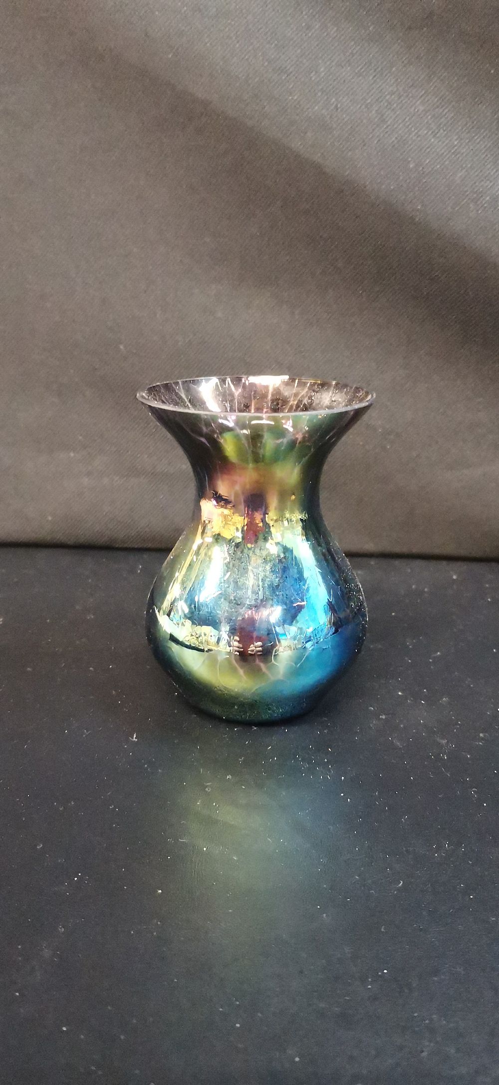 Lot 404: Small Iridescent Hand Blown Art Glass Vase