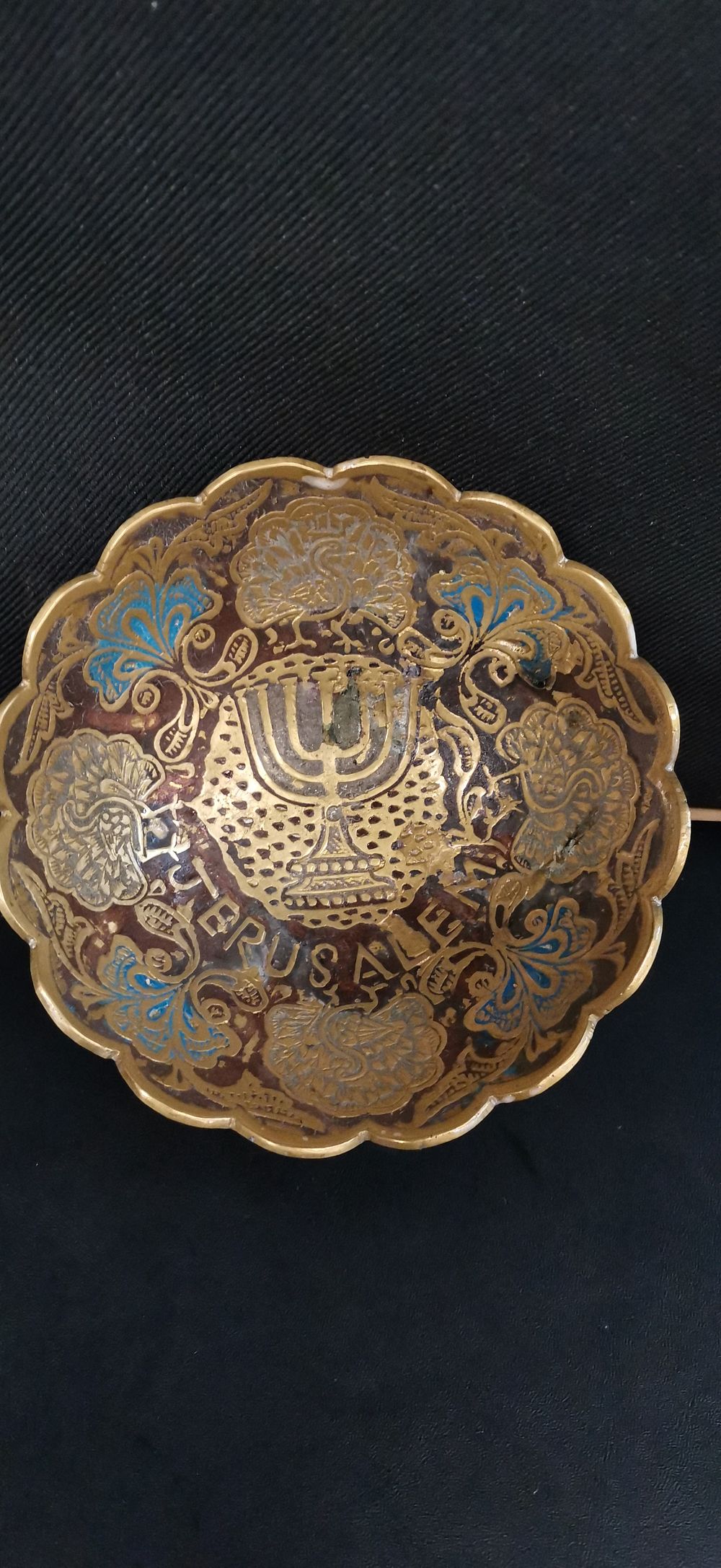 Lot 423: Small Brass Judaica Trinket Bowl with Menorah and Inlay