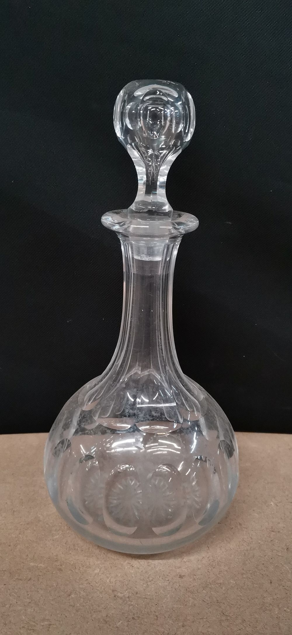Lot 434: Antique Clear Cut Glass Decanter with Faceted Stopper
