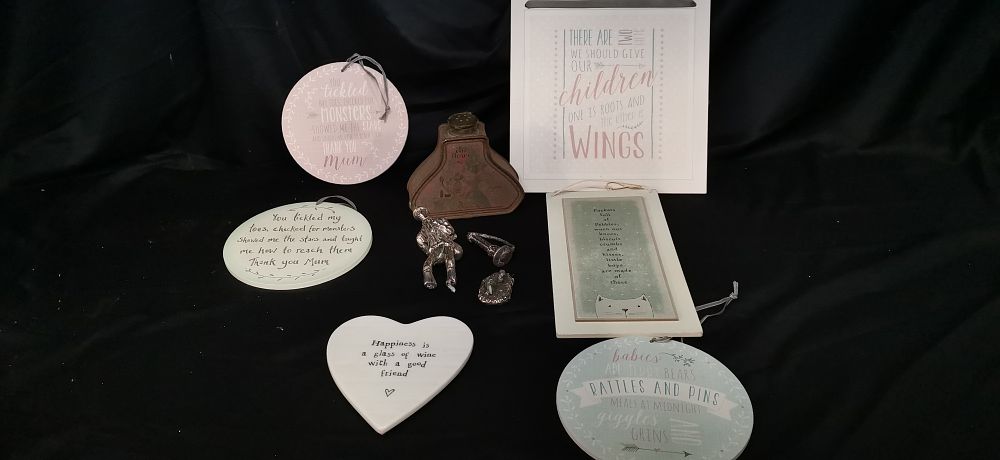 Lot 260: A Collection of Decorative Plaques, Vintage Talc Tin and Figurines