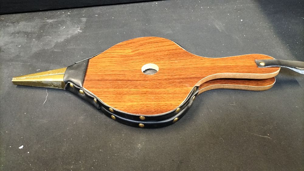 Lot 356: Wooden Fireplace Bellows with Black Leather and Brass Rivets