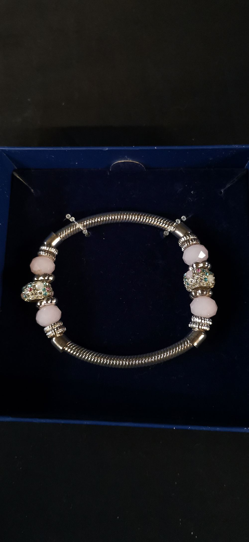 Lot 306: Silver Tone Snake Chain Bracelet with Pink and Crystal Beads