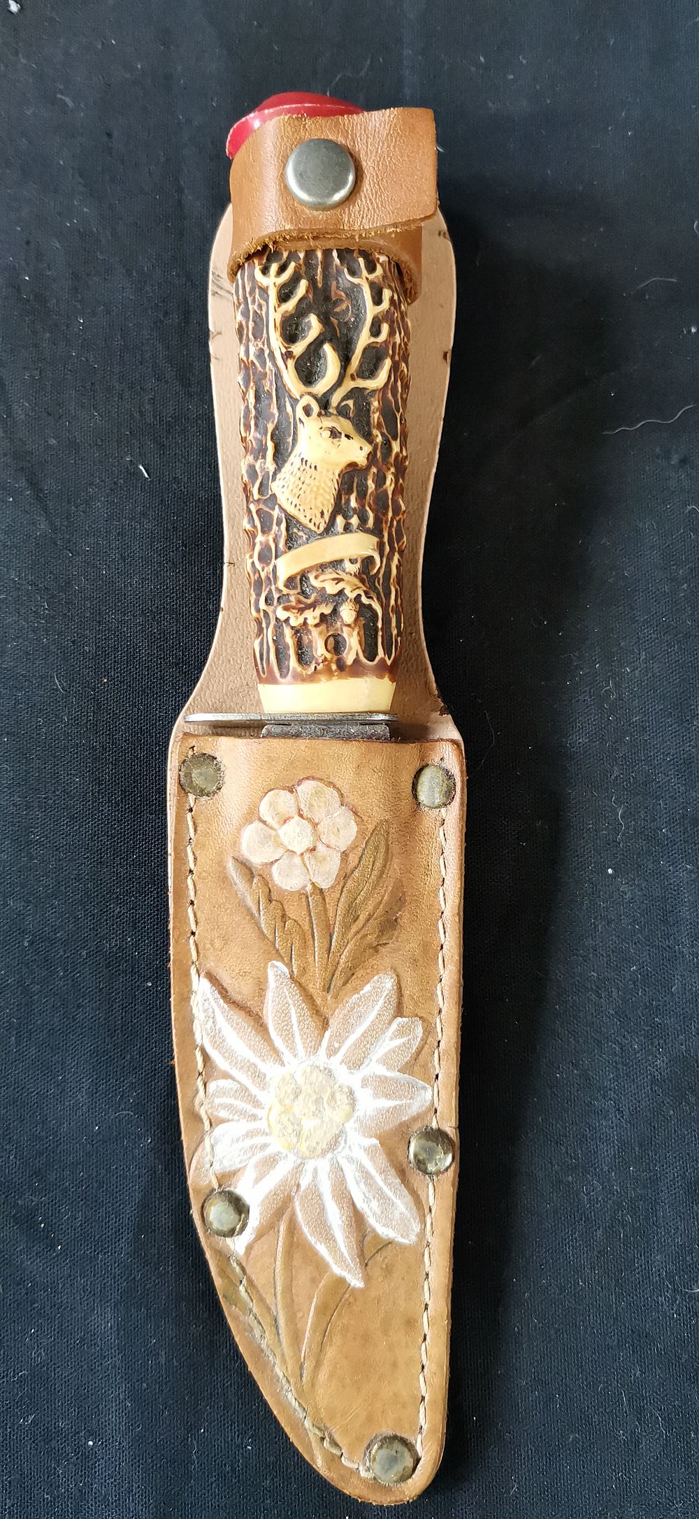 Lot 321: Solingen Small Hunting Knife with Tooled Leather Sheath