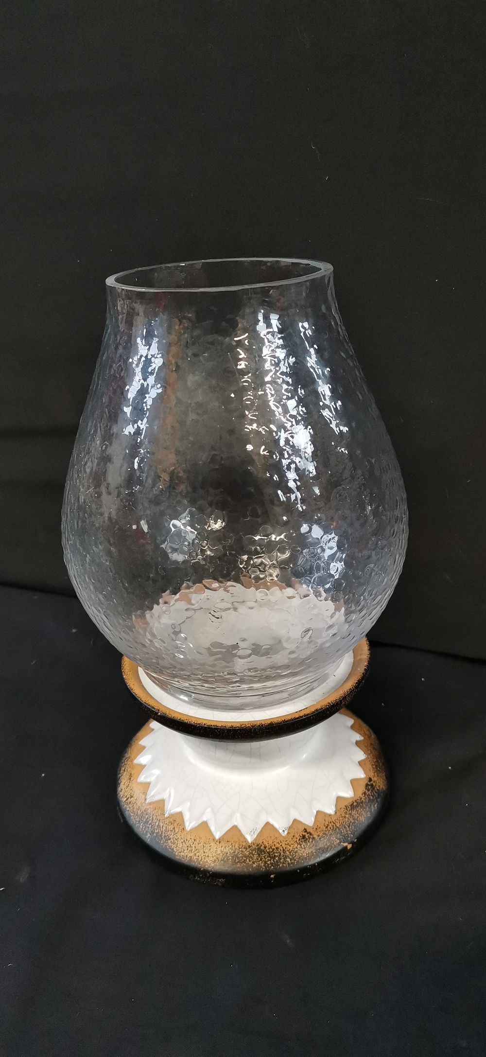 Lot 340: Hurricane Vase with Textured Glass and Crackle Glaze Ceramic Base