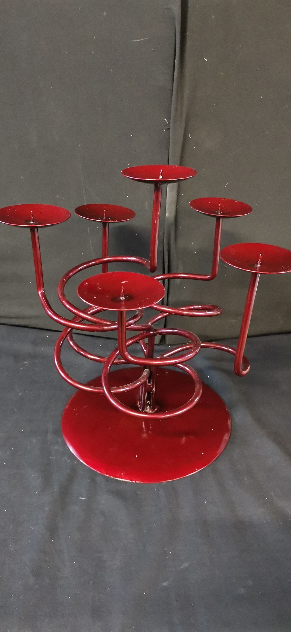 Lot 348: Red Spiral Metal Multi Tiered Candelabra