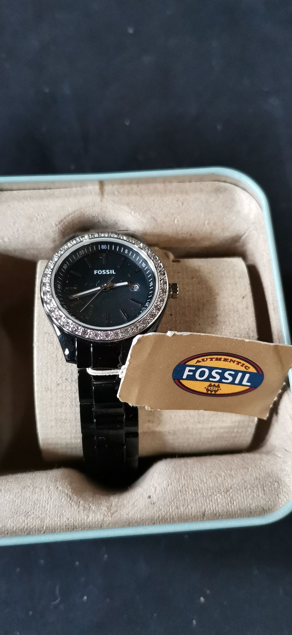 Lot 364: Fossil Ladies ES-2436 Black Stainless Steel Wristwatch with Tin