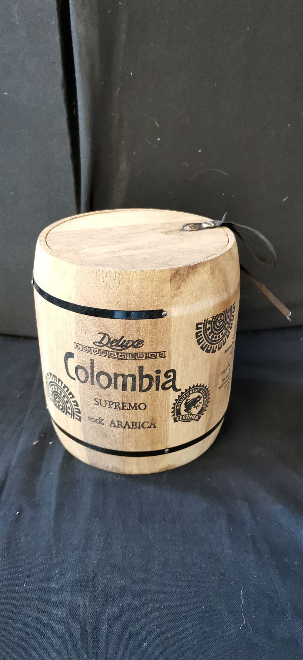 Lot 196: Miniature Deluxe Colombia Supremo Wooden Coffee Barrel with Lid