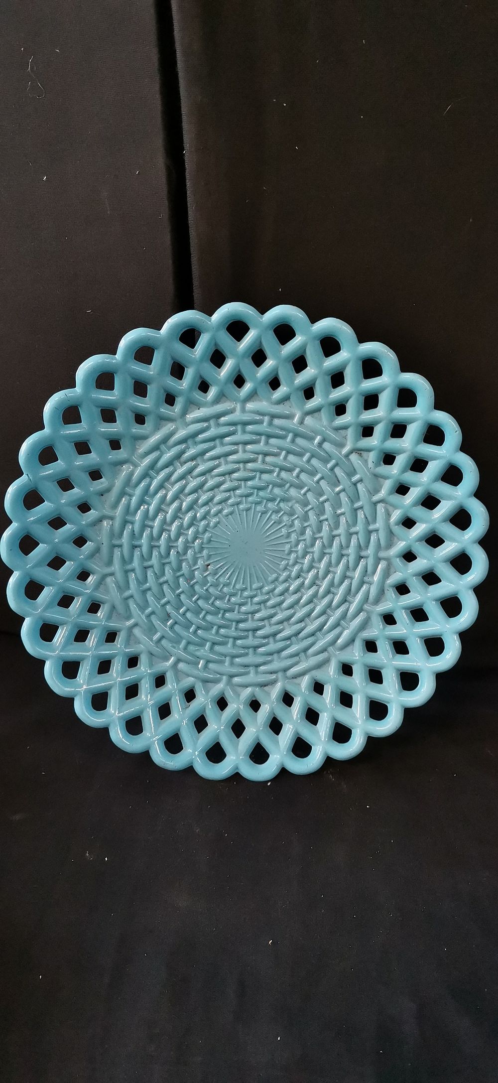 Lot 206: Sowerby Turquoise Blue Basketweave Reticulated Milk Glass Plate
