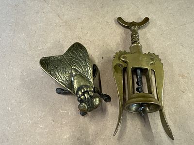 Two Vintage Italian Brass Fly Ashtray and Winged Bottle Opener. Two brass items comprising a 