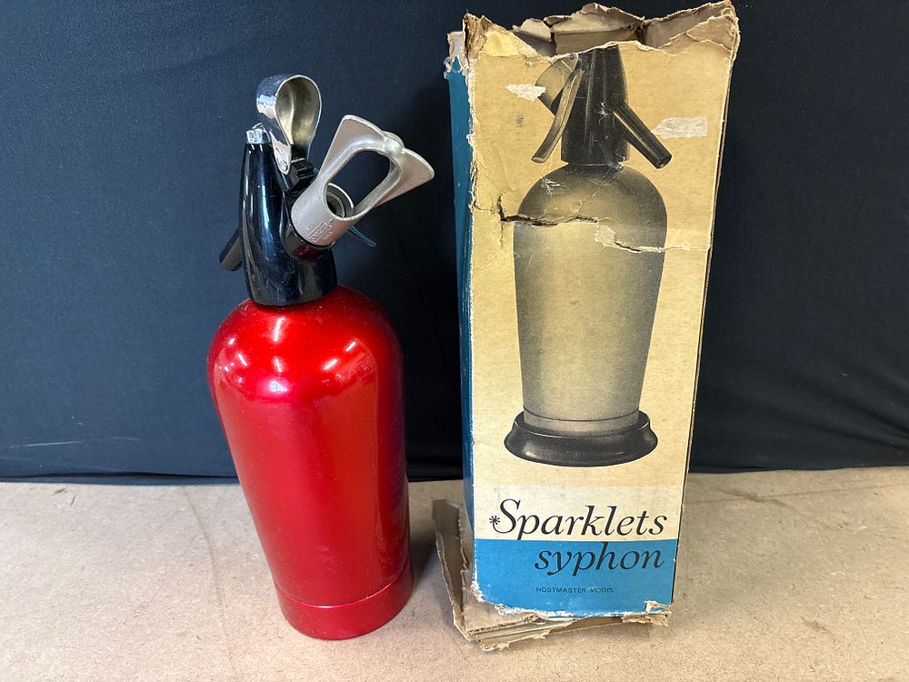 Sparklets Hostmaster Model Red Soda Syphon with Original Box. A red Sparklets Hostmaster Model 