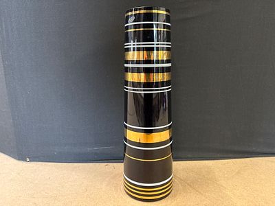 Amethyst Glass Cylindrical Vase with Gold and White Bands. A single cylindrical amethyst glass 