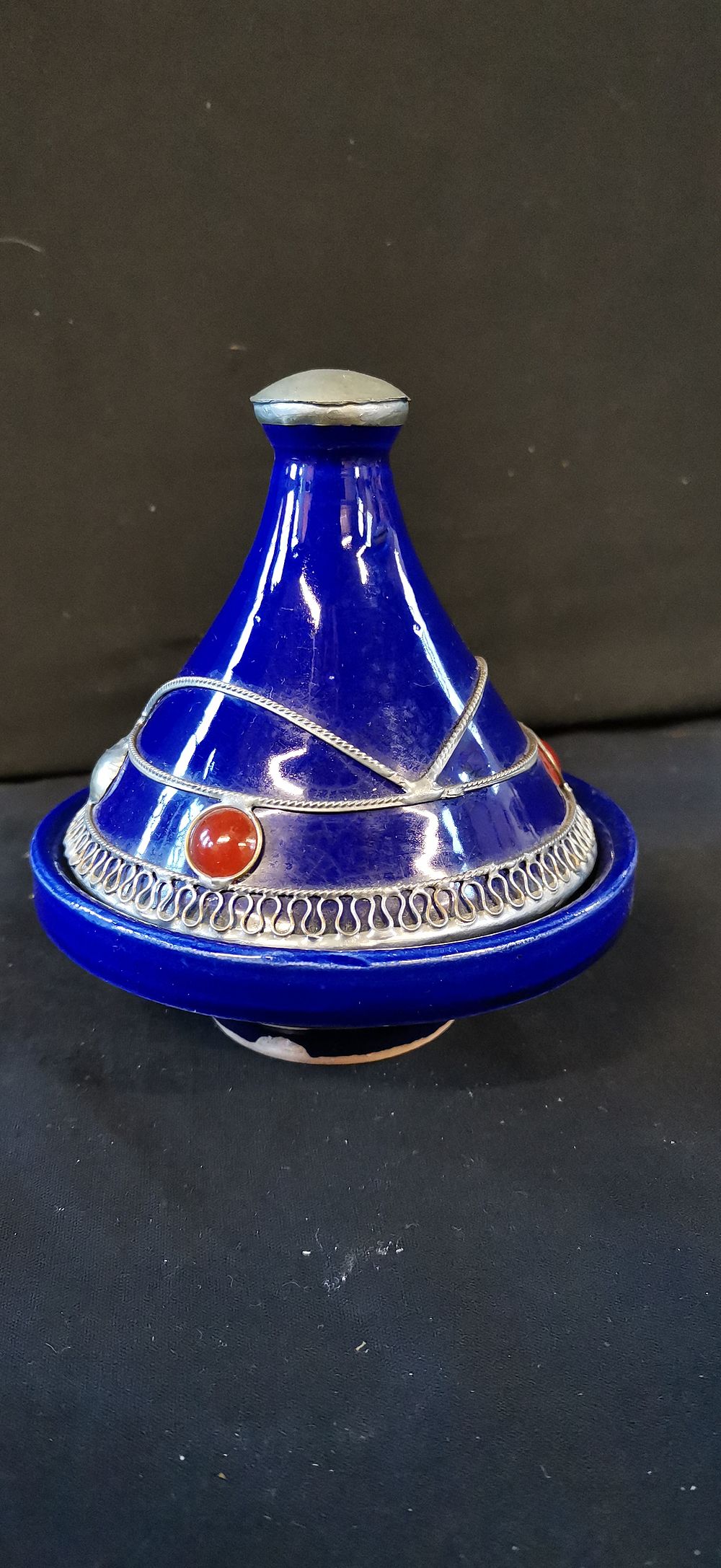 Lot 275: Moroccan Cobalt Blue Ceramic Tagine with Silver Filigree